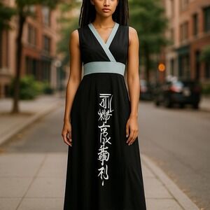 Vintage Alfred Shaheen Black Long Maxi Dress Asian Script Master Printer Sz XS/S